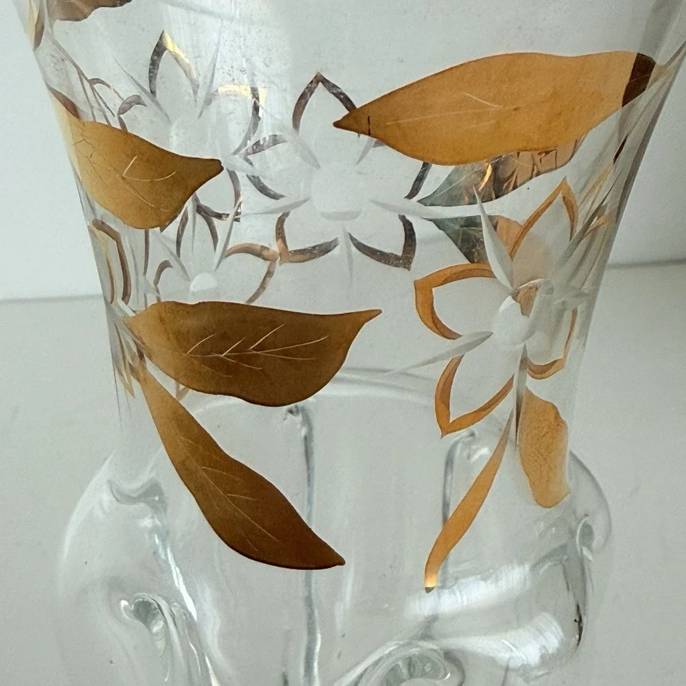 Bohemia Crystal Vase Gold Floral Etched Made‎ in Czechoslovakia Vintage READ